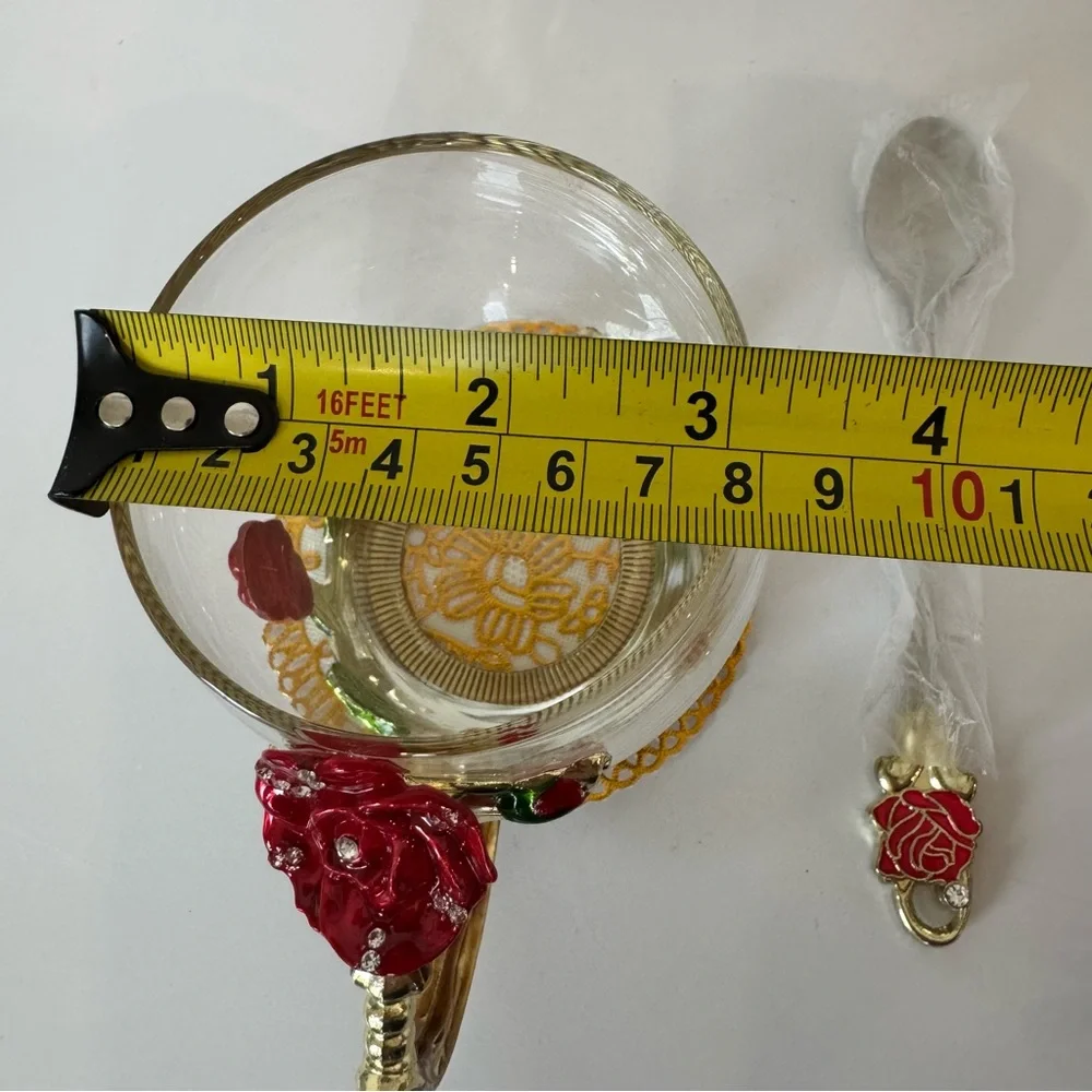 Rose and Butterly, Enamel, Glass Coffee/Tea Cup with Embellished Spoon